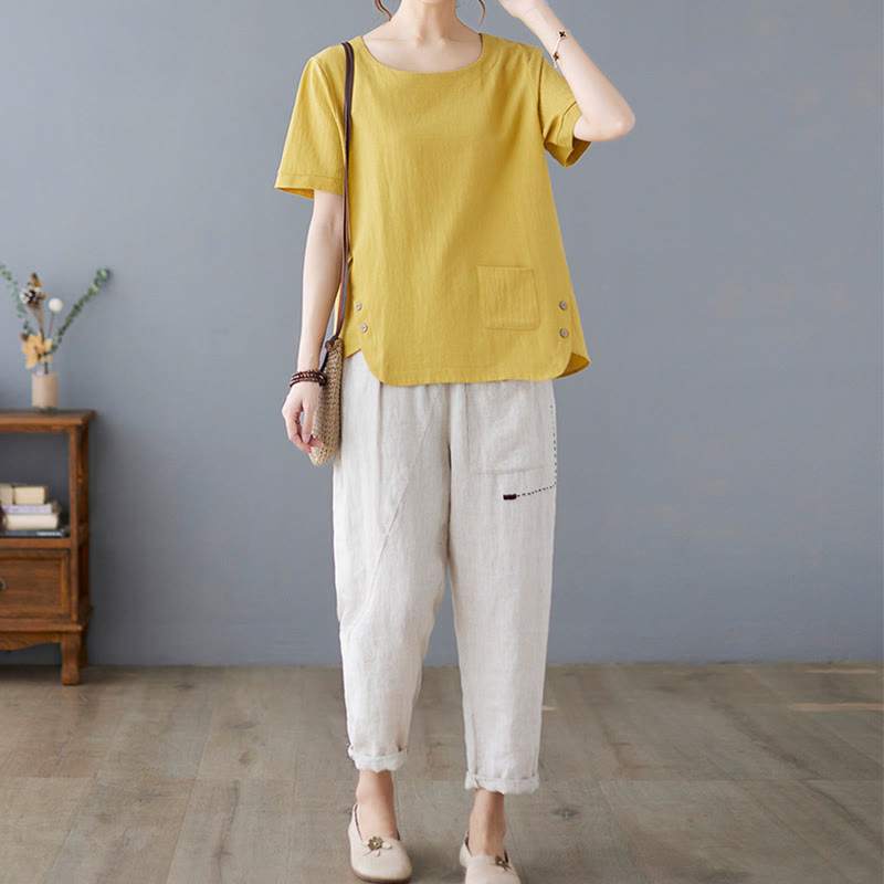 Damska koszulka z bawełny lnianej z okrągłym dekoltem i krótkim rękawem, z kieszenią i rozcięciem po boku, z motywem Buddha Stones - image 7