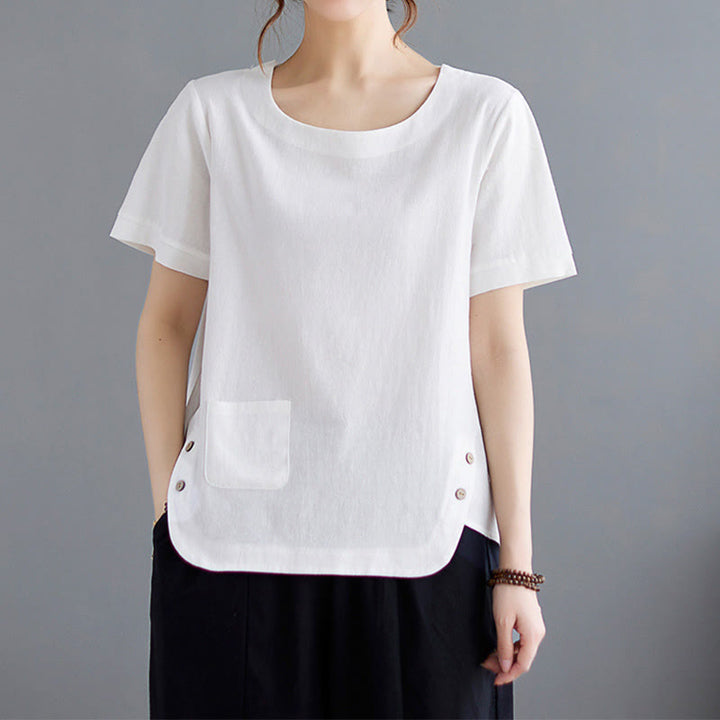 Damska koszulka z bawełny lnianej z okrągłym dekoltem i krótkim rękawem, z kieszenią i rozcięciem po boku, z motywem Buddha Stones - image 15