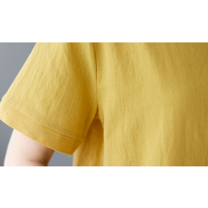 Damska koszulka z bawełny lnianej z okrągłym dekoltem i krótkim rękawem, z kieszenią i rozcięciem po boku, z motywem Buddha Stones - image 10