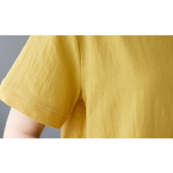 Damska koszulka z bawełny lnianej z okrągłym dekoltem i krótkim rękawem, z kieszenią i rozcięciem po boku, z motywem Buddha Stones - image 10