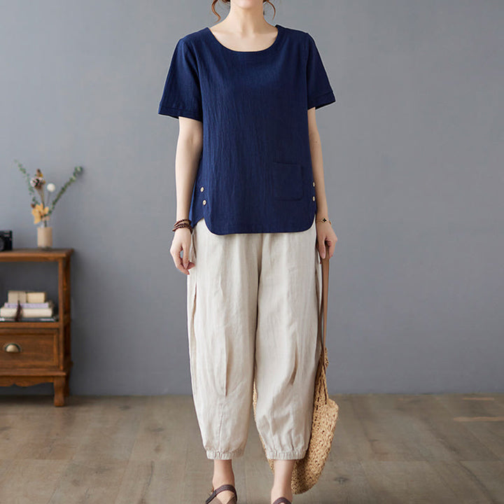 Damska koszulka z bawełny lnianej z okrągłym dekoltem i krótkim rękawem, z kieszenią i rozcięciem po boku, z motywem Buddha Stones - image 24