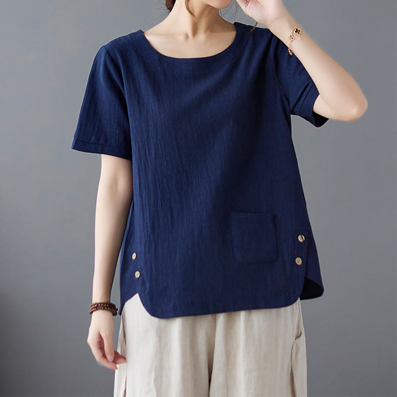 Damska koszulka z bawełny lnianej z okrągłym dekoltem i krótkim rękawem, z kieszenią i rozcięciem po boku, z motywem Buddha Stones - Marynarka wojenna - US14, UK/AU18, EU46 (4XL) - image 19