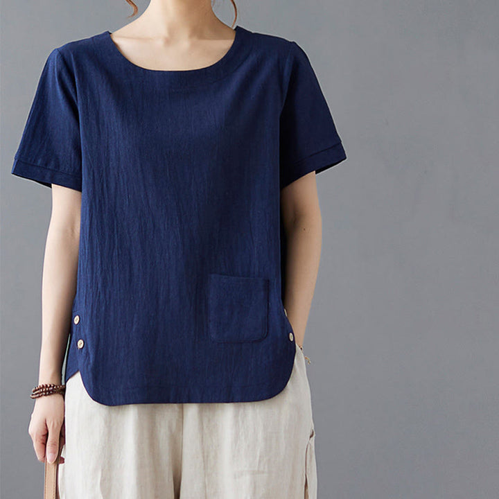 Damska koszulka z bawełny lnianej z okrągłym dekoltem i krótkim rękawem, z kieszenią i rozcięciem po boku, z motywem Buddha Stones - image 22