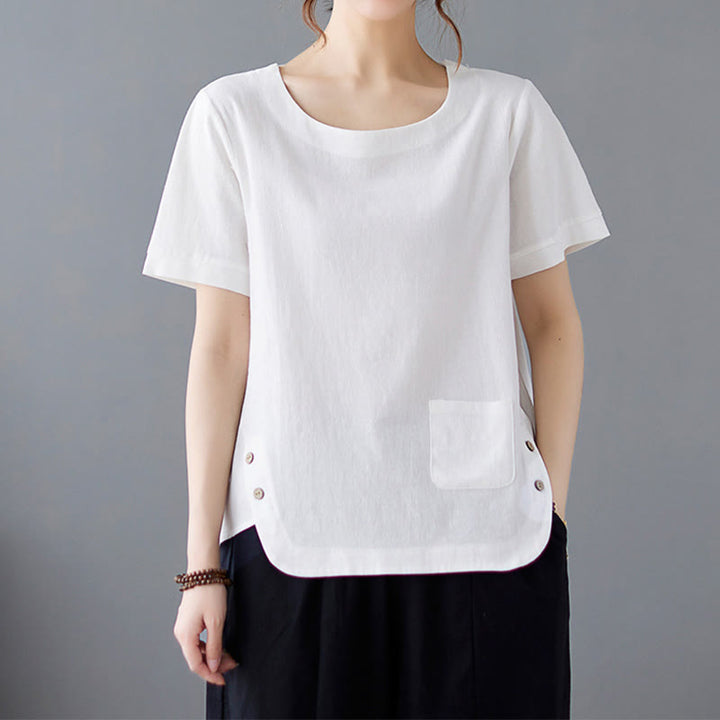 Damska koszulka z bawełny lnianej z okrągłym dekoltem i krótkim rękawem, z kieszenią i rozcięciem po boku, z motywem Buddha Stones - Biały - US14, UK/AU18, EU46 (4XL) - image 14