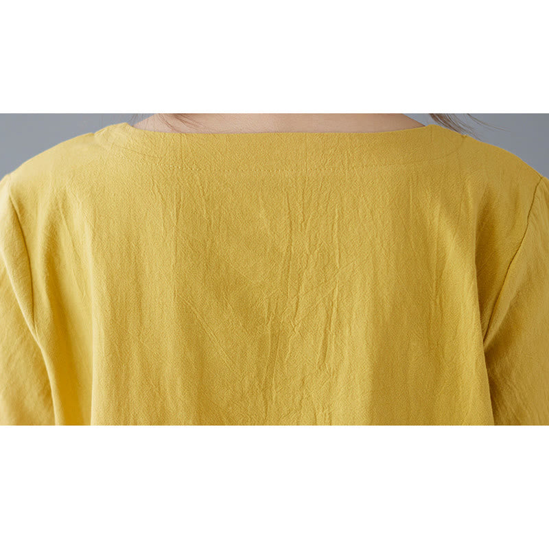 Damska koszulka z bawełny lnianej z okrągłym dekoltem i krótkim rękawem, z kieszenią i rozcięciem po boku, z motywem Buddha Stones - image 9