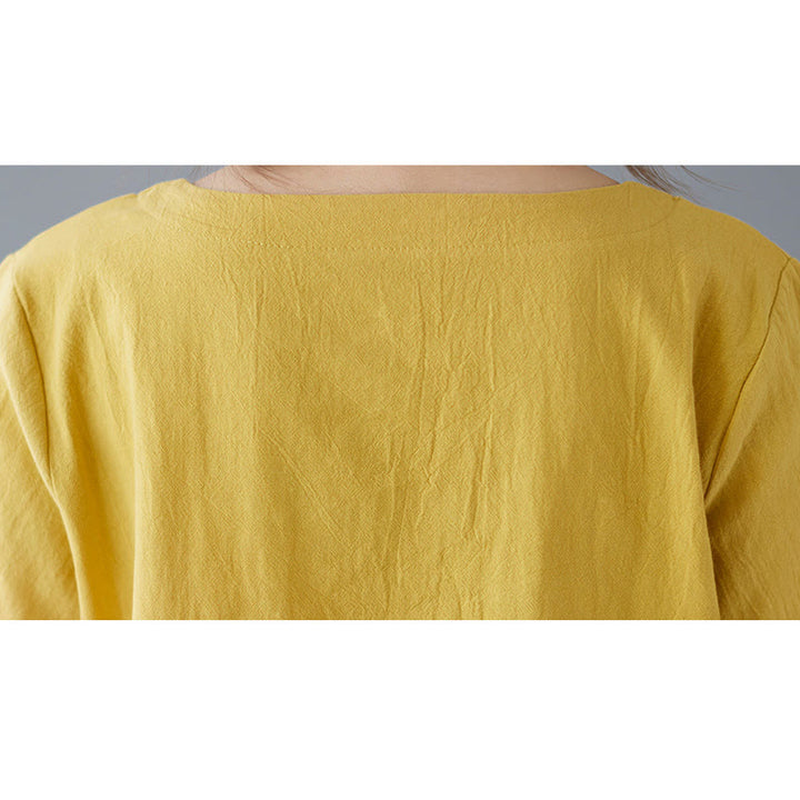 Damska koszulka z bawełny lnianej z okrągłym dekoltem i krótkim rękawem, z kieszenią i rozcięciem po boku, z motywem Buddha Stones - image 9