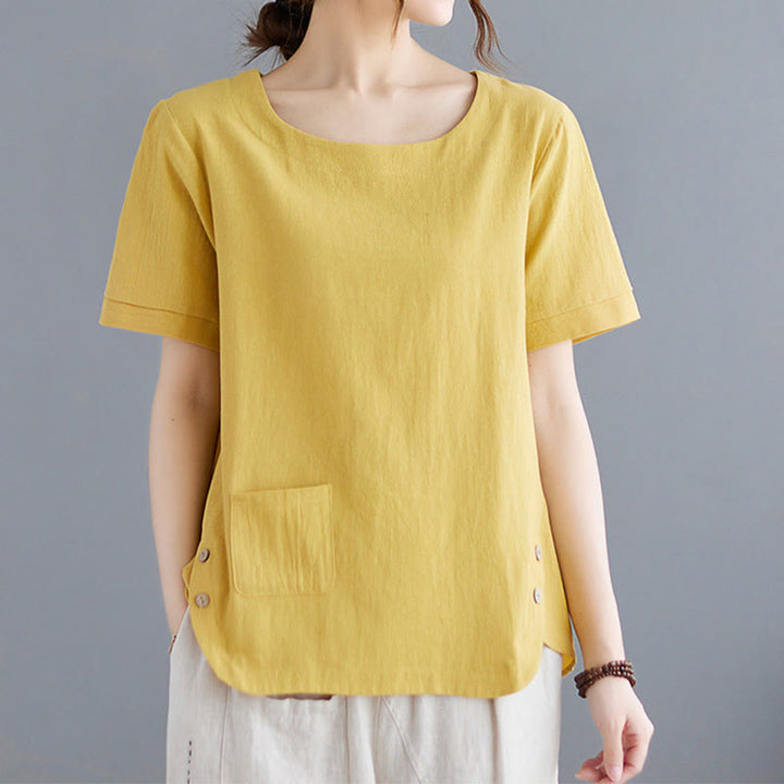 Damska koszulka z bawełny lnianej z okrągłym dekoltem i krótkim rękawem, z kieszenią i rozcięciem po boku, z motywem Buddha Stones - image 3