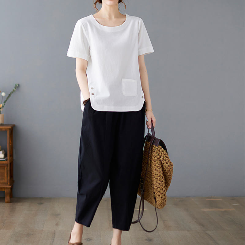 Damska koszulka z bawełny lnianej z okrągłym dekoltem i krótkim rękawem, z kieszenią i rozcięciem po boku, z motywem Buddha Stones - image 18