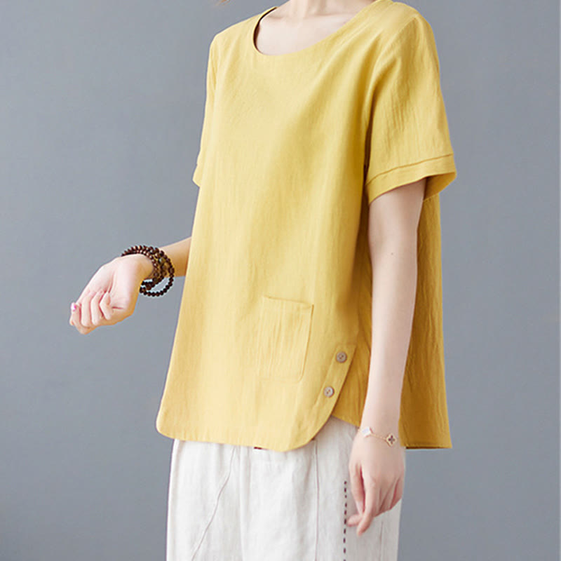 Damska koszulka z bawełny lnianej z okrągłym dekoltem i krótkim rękawem, z kieszenią i rozcięciem po boku, z motywem Buddha Stones - image 2