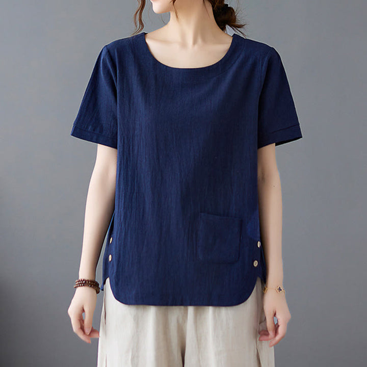 Damska koszulka z bawełny lnianej z okrągłym dekoltem i krótkim rękawem, z kieszenią i rozcięciem po boku, z motywem Buddha Stones - image 21