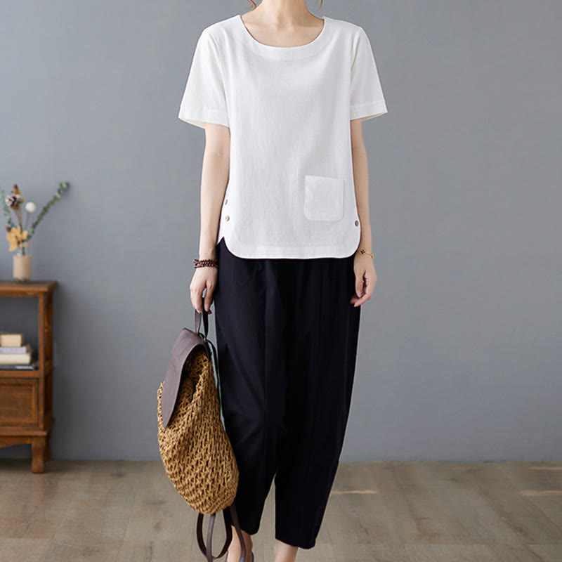 Damska koszulka z bawełny lnianej z okrągłym dekoltem i krótkim rękawem, z kieszenią i rozcięciem po boku, z motywem Buddha Stones - image 17