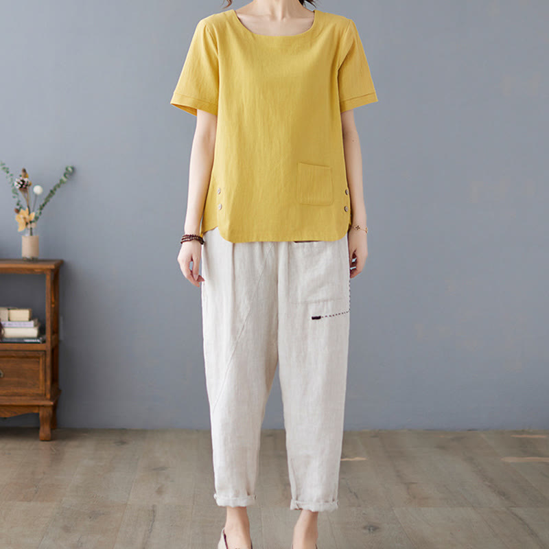 Damska koszulka z bawełny lnianej z okrągłym dekoltem i krótkim rękawem, z kieszenią i rozcięciem po boku, z motywem Buddha Stones - image 4