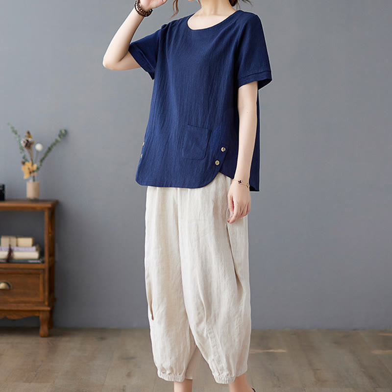 Damska koszulka z bawełny lnianej z okrągłym dekoltem i krótkim rękawem, z kieszenią i rozcięciem po boku, z motywem Buddha Stones - image 25