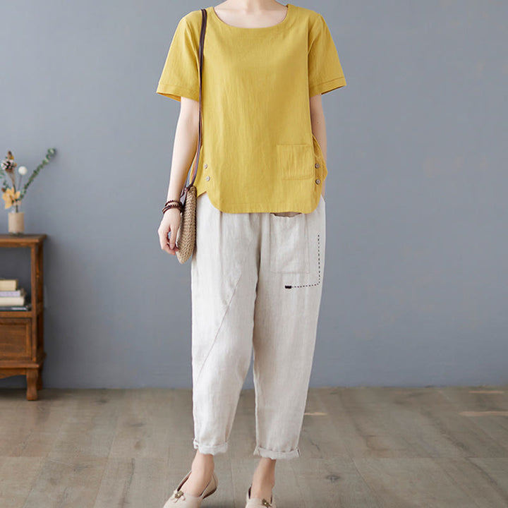 Damska koszulka z bawełny lnianej z okrągłym dekoltem i krótkim rękawem, z kieszenią i rozcięciem po boku, z motywem Buddha Stones - image 6