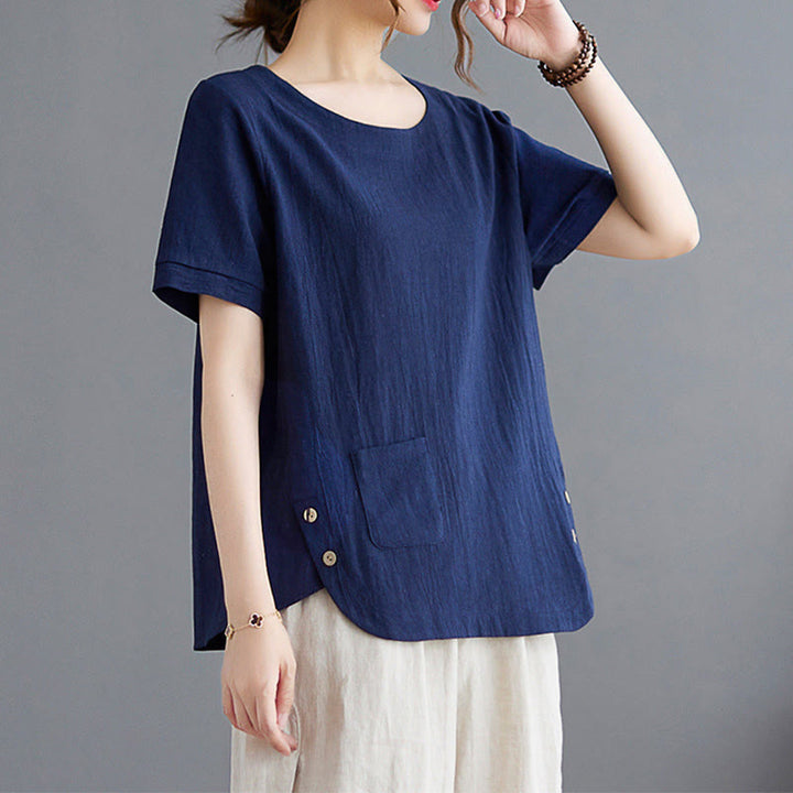 Damska koszulka z bawełny lnianej z okrągłym dekoltem i krótkim rękawem, z kieszenią i rozcięciem po boku, z motywem Buddha Stones - image 20