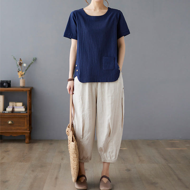 Damska koszulka z bawełny lnianej z okrągłym dekoltem i krótkim rękawem, z kieszenią i rozcięciem po boku, z motywem Buddha Stones - image 23