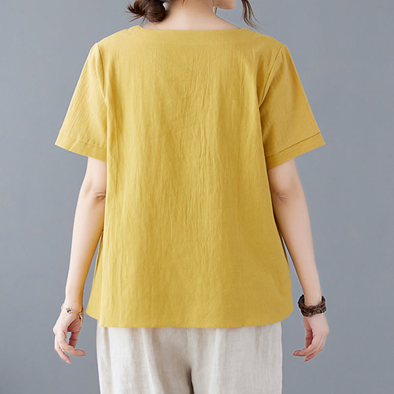 Damska koszulka z bawełny lnianej z okrągłym dekoltem i krótkim rękawem, z kieszenią i rozcięciem po boku, z motywem Buddha Stones - image 1