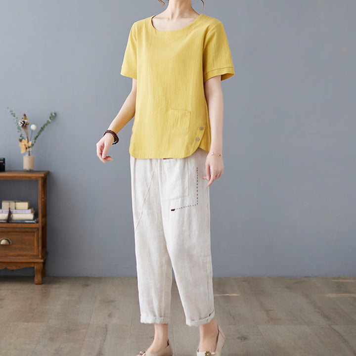 Damska koszulka z bawełny lnianej z okrągłym dekoltem i krótkim rękawem, z kieszenią i rozcięciem po boku, z motywem Buddha Stones - image 5