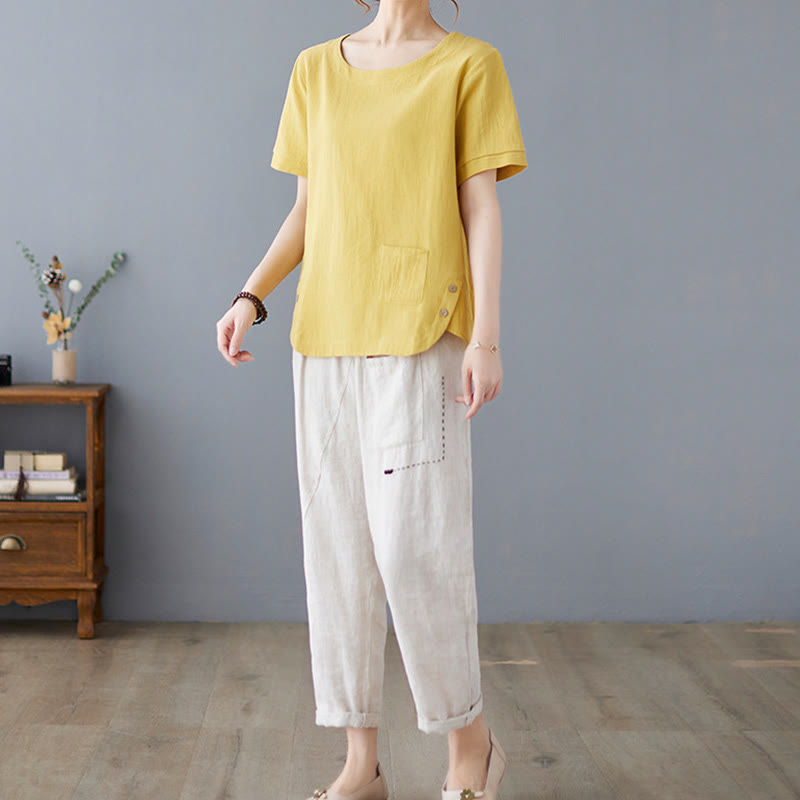 Damska koszulka z bawełny lnianej z okrągłym dekoltem i krótkim rękawem, z kieszenią i rozcięciem po boku, z motywem Buddha Stones - image 5