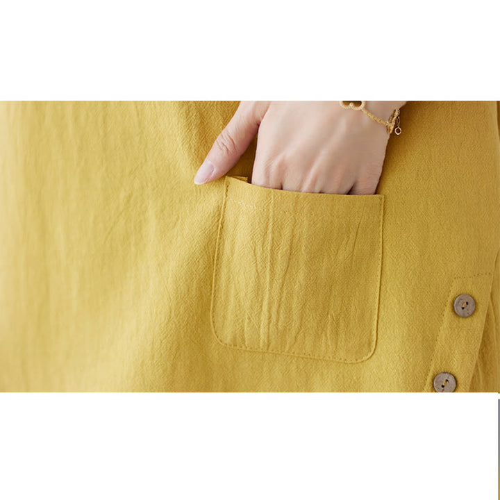 Damska koszulka z bawełny lnianej z okrągłym dekoltem i krótkim rękawem, z kieszenią i rozcięciem po boku, z motywem Buddha Stones - image 11