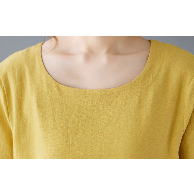 Damska koszulka z bawełny lnianej z okrągłym dekoltem i krótkim rękawem, z kieszenią i rozcięciem po boku, z motywem Buddha Stones - image 8