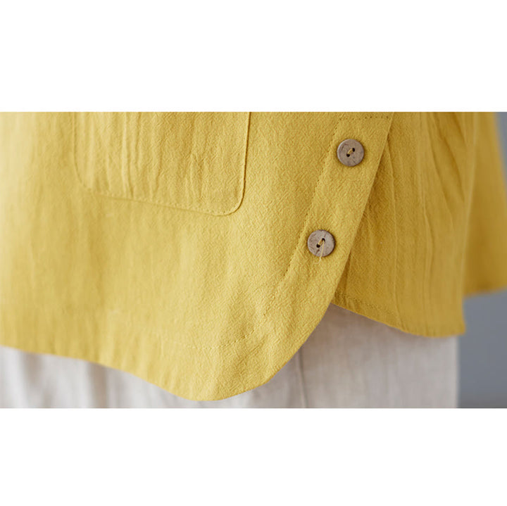 Damska koszulka z bawełny lnianej z okrągłym dekoltem i krótkim rękawem, z kieszenią i rozcięciem po boku, z motywem Buddha Stones - image 12