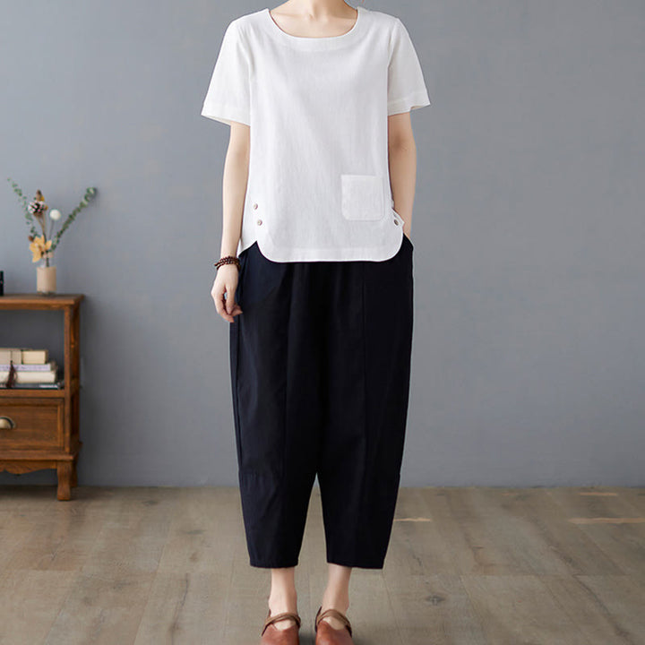 Damska koszulka z bawełny lnianej z okrągłym dekoltem i krótkim rękawem, z kieszenią i rozcięciem po boku, z motywem Buddha Stones - image 16