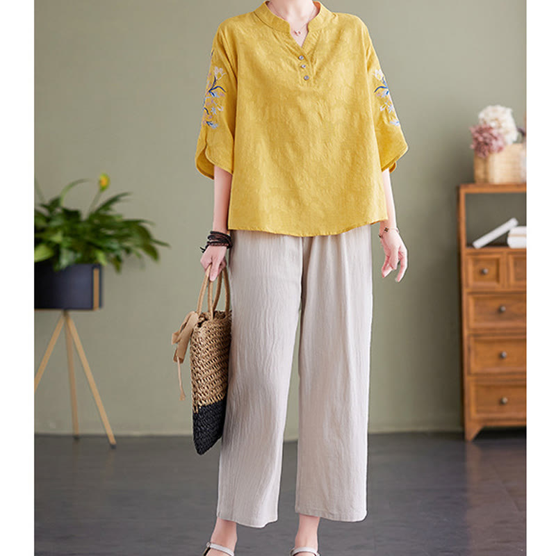 Koszula damska z bawełny i lnu z wyciętym kołnierzykiem i haftowanymi kwiatami z motywem Buddha Stones , rękawami trzy czwarte - image 18