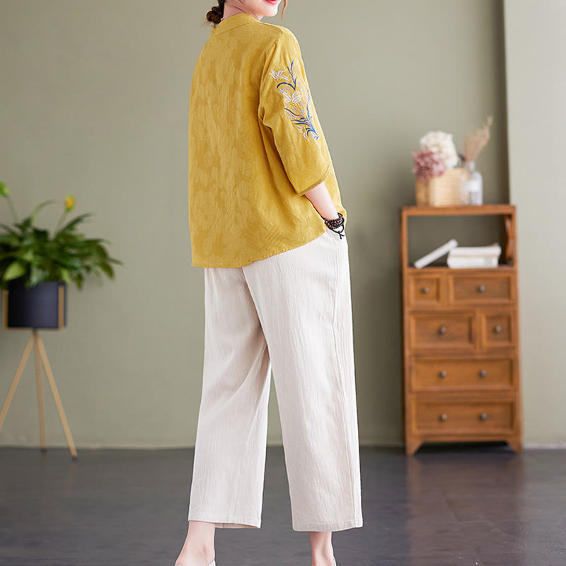 Koszula damska z bawełny i lnu z wyciętym kołnierzykiem i haftowanymi kwiatami z motywem Buddha Stones , rękawami trzy czwarte - image 16