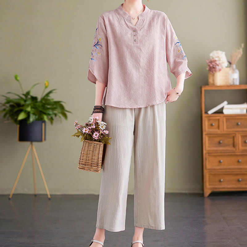 Koszula damska z bawełny i lnu z wyciętym kołnierzykiem i haftowanymi kwiatami z motywem Buddha Stones , rękawami trzy czwarte - image 4