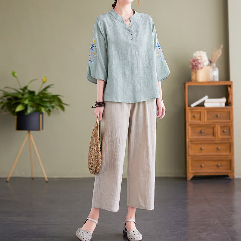 Koszula damska z bawełny i lnu z wyciętym kołnierzykiem i haftowanymi kwiatami z motywem Buddha Stones , rękawami trzy czwarte - image 8