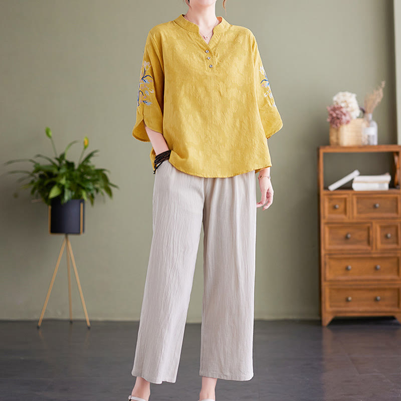 Koszula damska z bawełny i lnu z wyciętym kołnierzykiem i haftowanymi kwiatami z motywem Buddha Stones , rękawami trzy czwarte - image 15