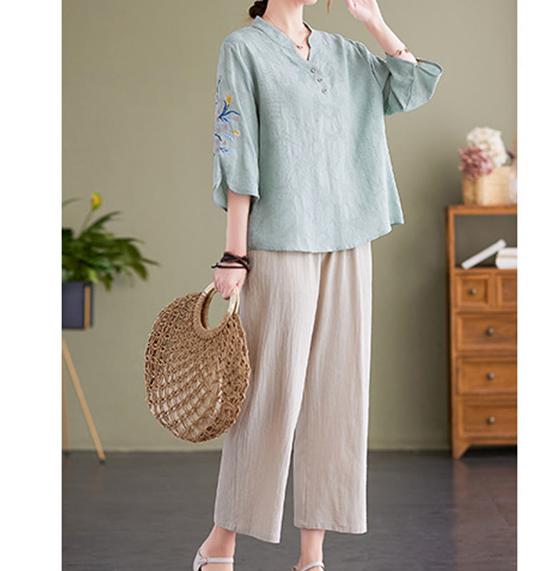 Koszula damska z bawełny i lnu z wyciętym kołnierzykiem i haftowanymi kwiatami z motywem Buddha Stones , rękawami trzy czwarte - image 11