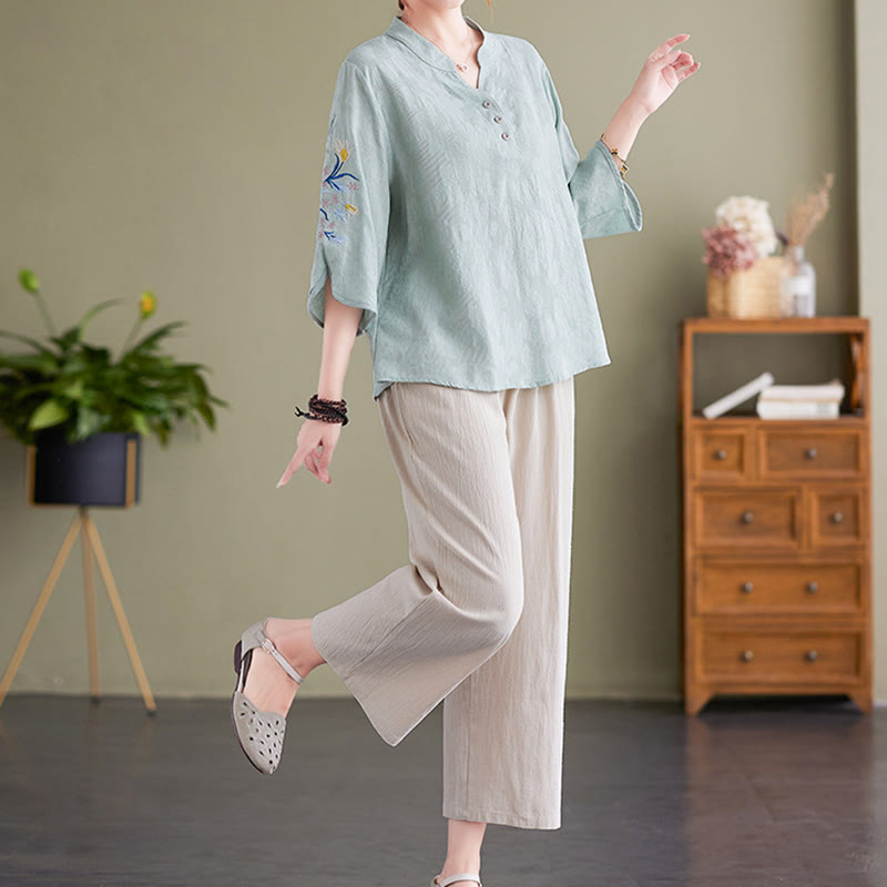 Koszula damska z bawełny i lnu z wyciętym kołnierzykiem i haftowanymi kwiatami z motywem Buddha Stones , rękawami trzy czwarte - image 13