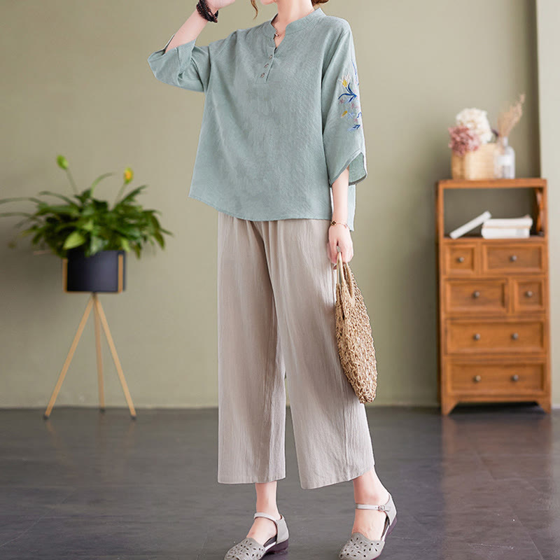 Koszula damska z bawełny i lnu z wyciętym kołnierzykiem i haftowanymi kwiatami z motywem Buddha Stones , rękawami trzy czwarte - image 9