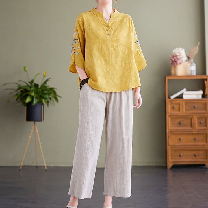 Koszula damska z bawełny i lnu z wyciętym kołnierzykiem i haftowanymi kwiatami z motywem Buddha Stones , rękawami trzy czwarte - image 15