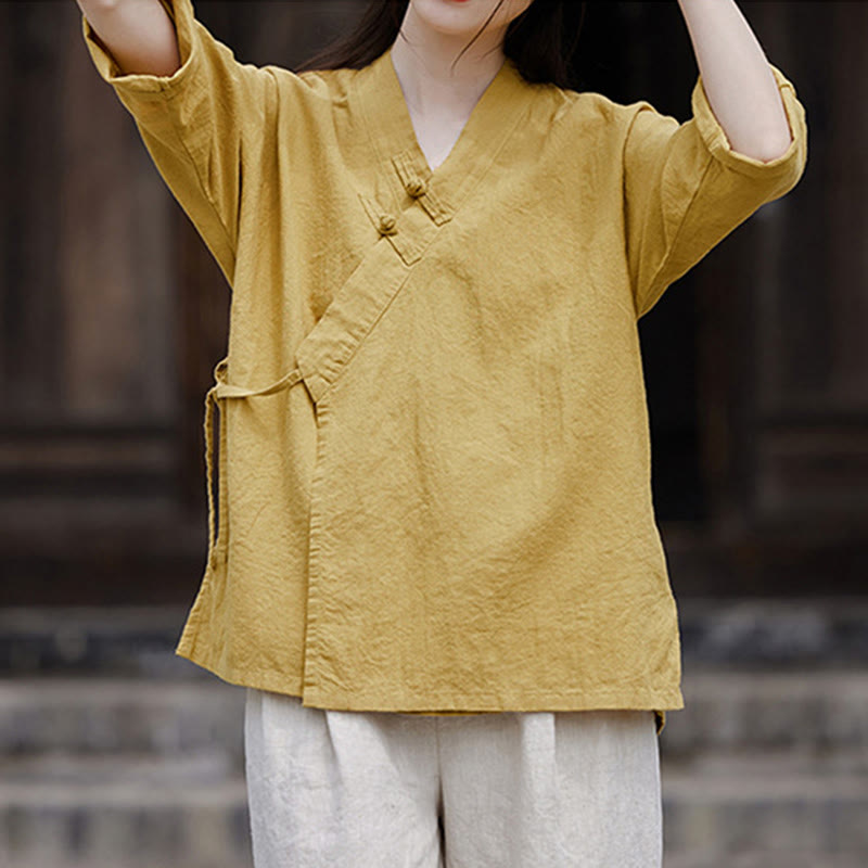 Buddha Stones Vintage Zen Czysty Kolor Sznurowany Bok Patchwork Design Damska Bawełniana Lniana Koszula Z Pół Rękawem Kardigan - image 1