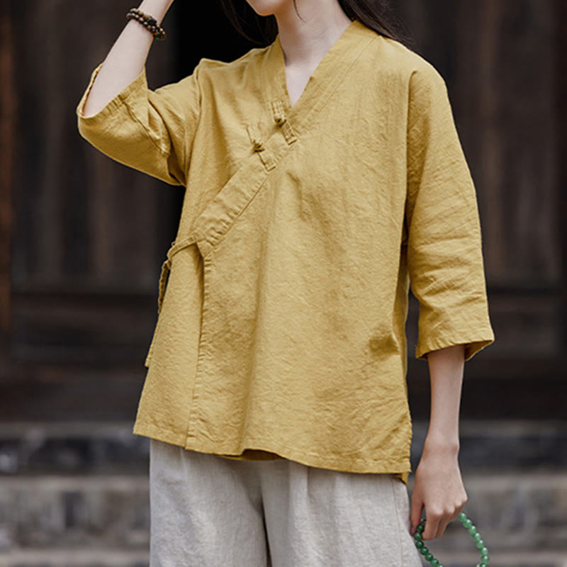 Buddha Stones Vintage Zen Czysty Kolor Sznurowany Bok Patchwork Design Damska Bawełniana Lniana Koszula Z Pół Rękawem Kardigan - Khaki - US8-10，UK/AU12-14，EU40-42 (2XL) - image 0