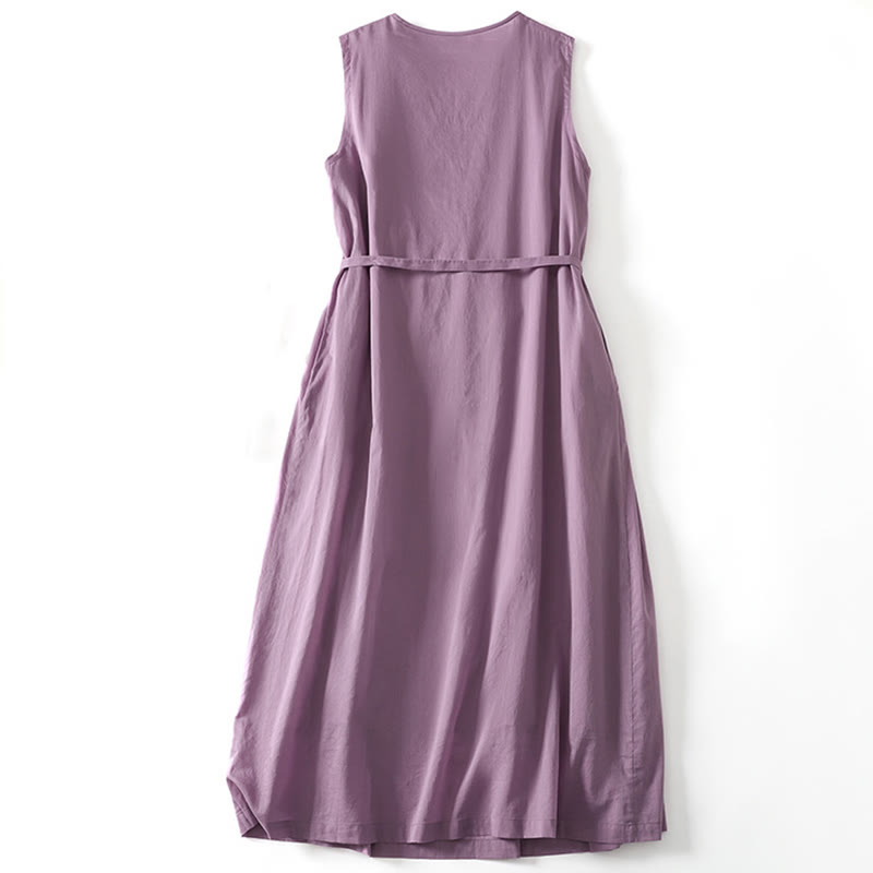 Sukienka midi z bawełny bez rękawów i kieszeniami, w jednolitym kolorze i harmonijkowym wzorem z Buddha Stones - image 1