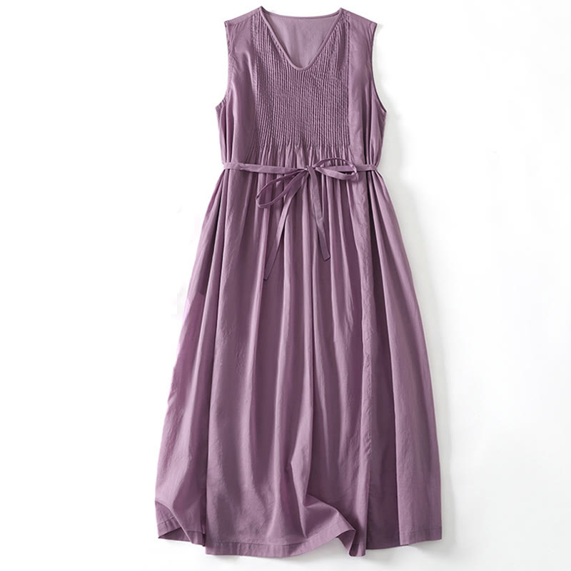 Sukienka midi z bawełny bez rękawów i kieszeniami, w jednolitym kolorze i harmonijkowym wzorem z Buddha Stones - MediumOrchid - US8-10，UK/AU12-14，EU40-42 (2XL) - image 0