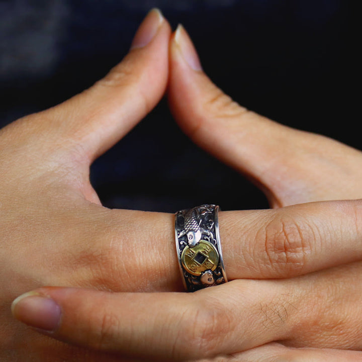 Buddha Stones Regulowane Otwarcie 925 Srebro Sterlingowe Szczęście Ryba Koi Miedziana Moneta Pomyślne Chmury Pierścień Bogactwa