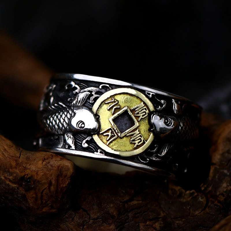 Buddha Stones Regulowane Otwarcie 925 Srebro Sterlingowe Szczęście Ryba Koi Miedziana Moneta Pomyślne Chmury Pierścień Bogactwa - image 12