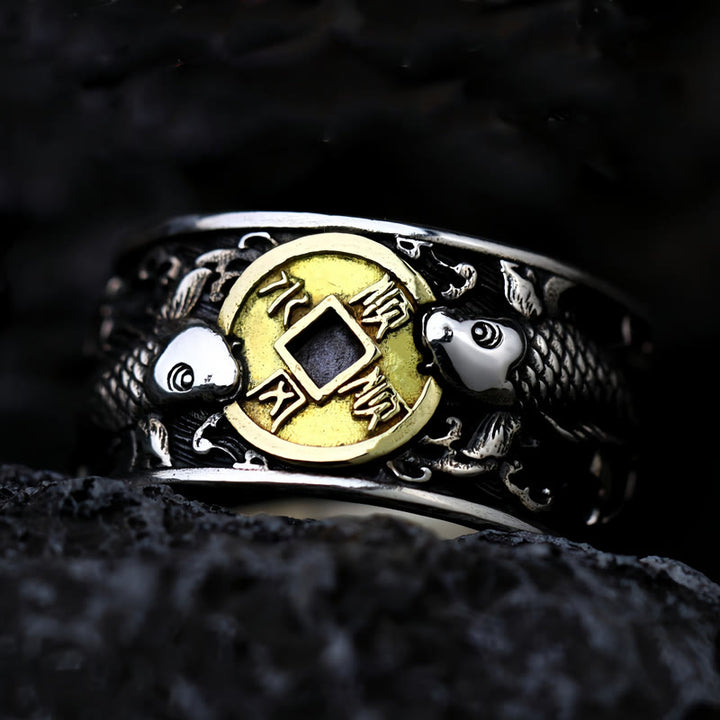 Buddha Stones Regulowane Otwarcie 925 Srebro Sterlingowe Szczęście Ryba Koi Miedziana Moneta Pomyślne Chmury Pierścień Bogactwa - 8,7-9,0 cala (22,2-22,8 cm) - image 0