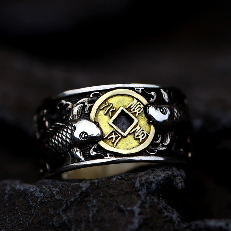 Buddha Stones Regulowane Otwarcie 925 Srebro Sterlingowe Szczęście Ryba Koi Miedziana Moneta Pomyślne Chmury Pierścień Bogactwa - image 10