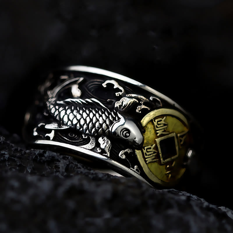 Buddha Stones Regulowane Otwarcie 925 Srebro Sterlingowe Szczęście Ryba Koi Miedziana Moneta Pomyślne Chmury Pierścień Bogactwa
