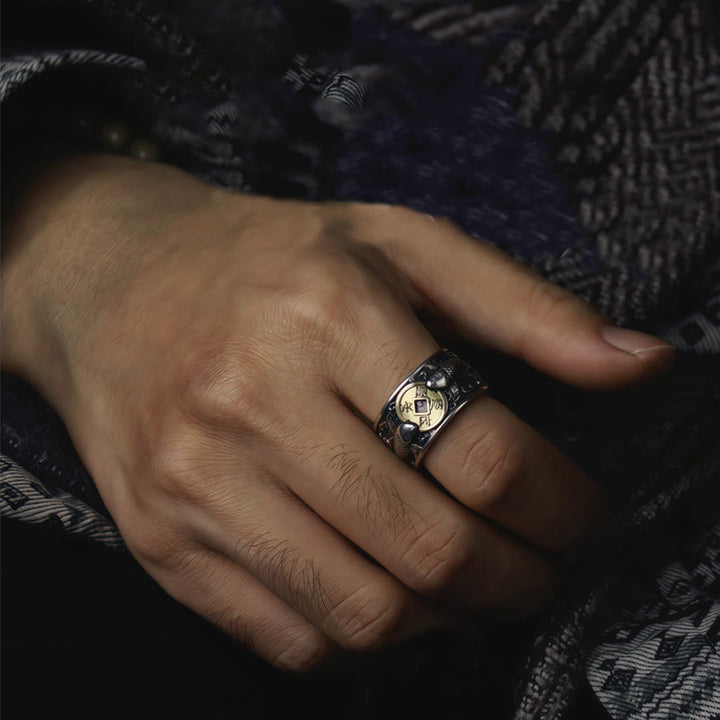 Buddha Stones Regulowane Otwarcie 925 Srebro Sterlingowe Szczęście Ryba Koi Miedziana Moneta Pomyślne Chmury Pierścień Bogactwa - image 18