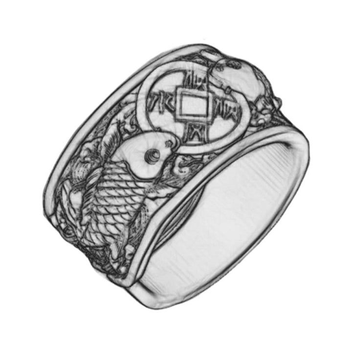 Buddha Stones Regulowane Otwarcie 925 Srebro Sterlingowe Szczęście Ryba Koi Miedziana Moneta Pomyślne Chmury Pierścień Bogactwa