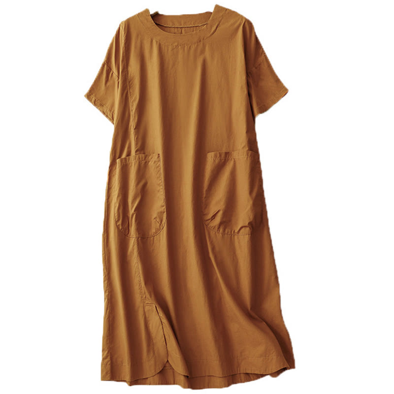 Sukienka midi z krótkim rękawem Buddha Stones Summer Casual Plain z okrągłym dekoltem i kieszeniami - image 6