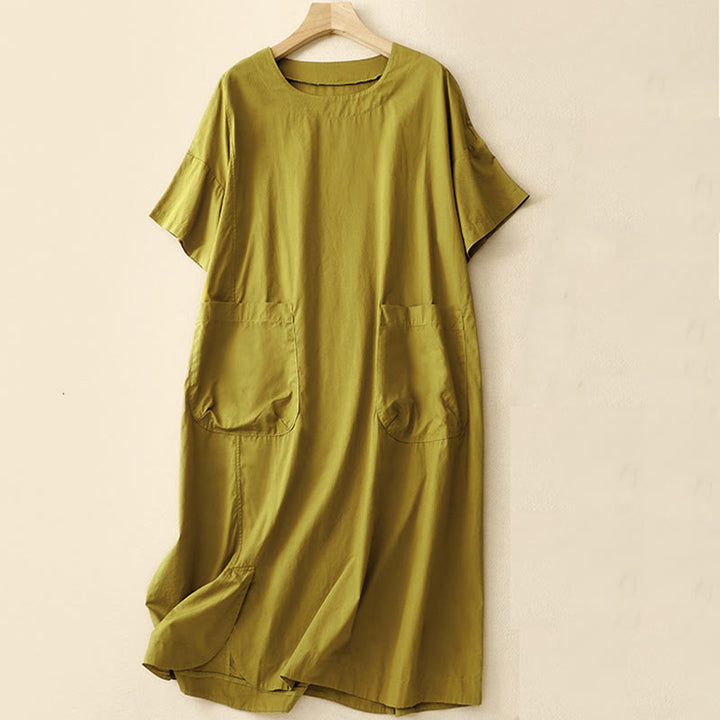 Sukienka midi z krótkim rękawem Buddha Stones Summer Casual Plain z okrągłym dekoltem i kieszeniami - Żółtozielony - US8-10，UK/AU12-14，EU40-42 (2XL) - image 15