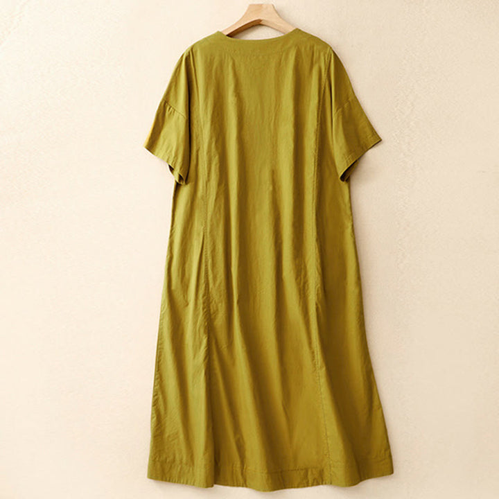 Sukienka midi z krótkim rękawem Buddha Stones Summer Casual Plain z okrągłym dekoltem i kieszeniami - image 16